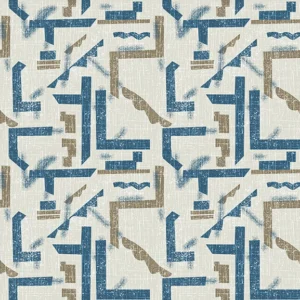 Seamless pattern of abstract geometric lines and shapes with a textured linen finish in navy blue and gold on a cream background, perfect for luxury textiles and modern home décor.