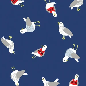 Seamless pattern of cute cartoon seagulls with red scarves, yellow beaks, and webbed feet, scattered on a navy blue background, perfect for coastal décor and nautical kids' clothing.