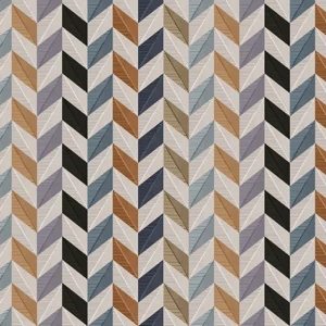 Seamless pattern of textured vertical chevron zigzag stripes in beige, brown, navy blue, and grey with a woven finish, perfect for modern wallpaper and upholstery.