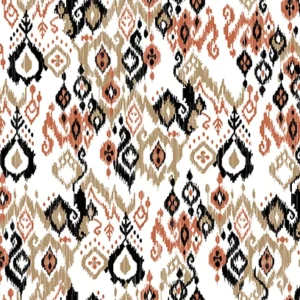 Seamless pattern of abstract Ikat diamond and paisley motifs in warm terracotta, beige, and black tones with a textured, hand-woven finish, perfect for boho and ethnic textile designs.