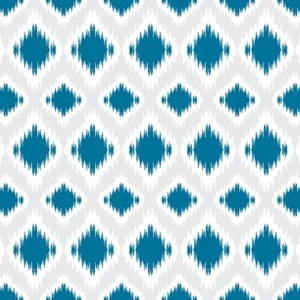 Seamless pattern of Ikat diamond motifs with feathered edges in teal blue and light grey on a white background, perfect for coastal décor and modern textiles.
