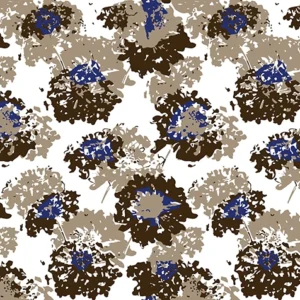 Seamless pattern of abstract floral shapes with watercolor and paint splatter effects in deep brown, beige, and royal blue tones, perfect for contemporary art and luxury textiles.