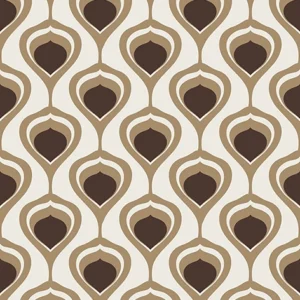 Seamless pattern of classic Ogee teardrop shapes in warm brown, beige, and cream colors, perfect for luxury wallpaper and vintage upholstery.