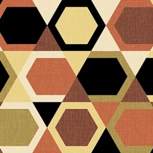 Seamless pattern of textured geometric hexagons in terracotta, mustard yellow, black, and cream with a woven finish, perfect for mid-century décor and luxury upholstery.