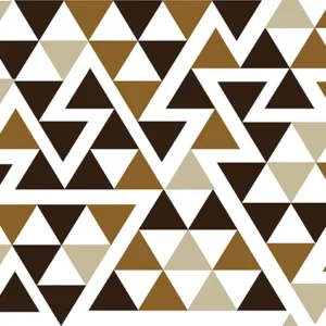Seamless pattern of geometric triangle mosaic in deep brown, mustard gold, beige, and white, perfect for modern home décor and geometric branding.