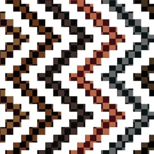Seamless pattern of textured pixel zigzag checkered lines in terracotta, brown, gold, grey, and black with a woven finish, perfect for mid-century décor and luxury upholstery.