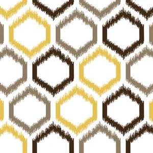 Seamless pattern of textured Ikat hexagon shapes in mustard yellow, brown, grey, and white with feathered edges, perfect for mid-century décor and luxury upholstery.