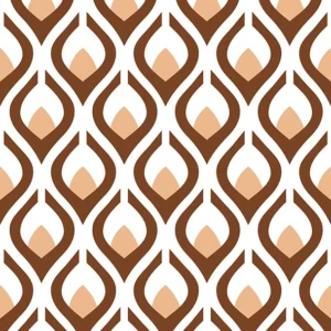 Seamless pattern of interlocking Ogee teardrop shapes in warm brown, beige, and white, perfect for luxury wallpaper and elegant home textiles.