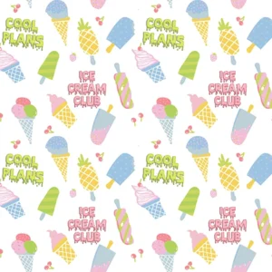 Seamless pattern of colorful ice cream cones, popsicles, cherries, and text "Ice Cream Club" in pastel Y2K style on a white background, perfect for kids' summer designs and sweet shop branding.