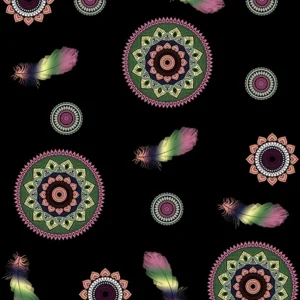 Seamless pattern of colorful boho mandalas and vibrant feathers on a black background, perfect for mystical décor, spiritual branding, and bohemian textiles.