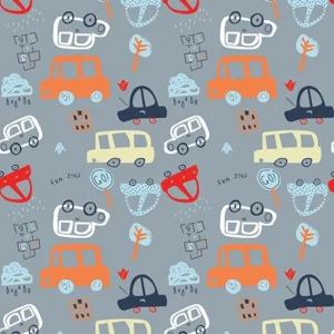 Seamless pattern of cute cartoon cars, traffic signs, trees, and safety elements on a soft grey background, perfect for kids' educational designs and nursery wallpaper.