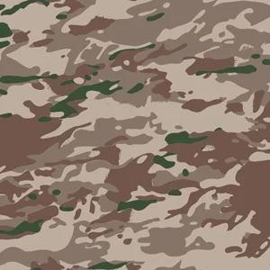 Seamless pattern of organic camouflage shapes in earthy brown, beige, and olive green tones, perfect for military-style fashion, hunting apparel, and rustic home décor.