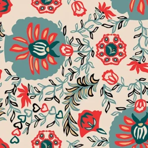 Seamless pattern of folk art style flowers and botanical vines in red, teal, and green on a cream background, perfect for bohemian textiles and artistic home décor.