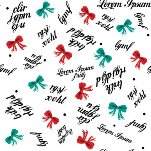 Seamless pattern of elegant red and teal bows with calligraphy text and black dots on a white background, perfect for luxury gift wrapping and holiday stationery.