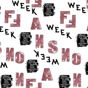 Seamless pattern of large gradient letters, the word "WEEK", and black signs listing fashion cities like London, Paris, and New York on a white background, perfect for streetwear and travel branding.