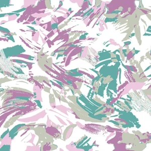 Seamless pattern of dynamic abstract watercolor brushstrokes in pastel pink, purple, teal, and grey on a white background, perfect for artistic textiles and modern home décor.
