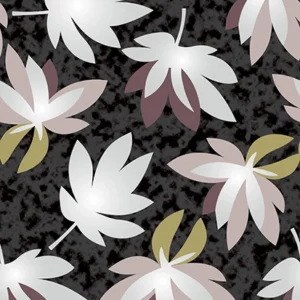 Seamless pattern of stylized gradient leaves in white, beige, pink, and gold against a textured dark background, perfect for luxury textiles and elegant home décor.