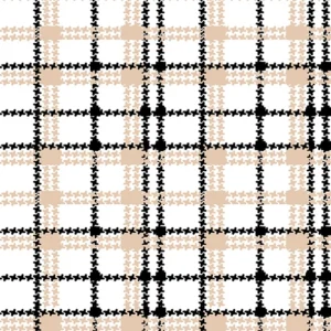 Seamless pattern of classic plaid checkered grid in beige, black, and white with a textured woven finish, perfect for elegant home textiles and classic fashion.