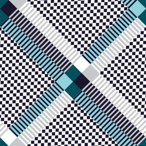 Seamless pattern of geometric checkerboard pixel mosaic in blue, teal, grey, and white, perfect for sportswear, tech branding, and modern home décor.