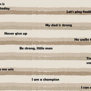 Seamless pattern of motivational kids quotes like "I am a champion" and "Never give up" on textured beige and brown horizontal stripes, perfect for kids' clothing and school stationery.