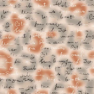 Seamless pattern of blurred elegant script text over watercolor spots in terracotta, grey, and white, perfect for romantic stationery and artistic home décor.