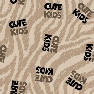 Seamless pattern of bold text "CUTE KIDS" on a textured beige zebra print background, perfect for kids' clothing, nursery décor, and toddler accessories.