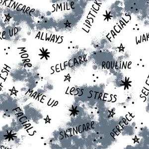 Seamless pattern of handwritten beauty and self-care phrases like "Skincare" and "Less Stress" on a grey watercolor splatter background, perfect for beauty branding and wellness journals.