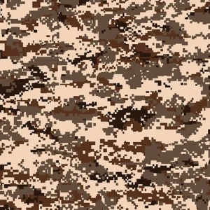 Seamless pattern of pixelated digital camouflage in earthy brown, beige, and dark taupe tones, perfect for modern streetwear, outdoor gear, and contemporary décor.